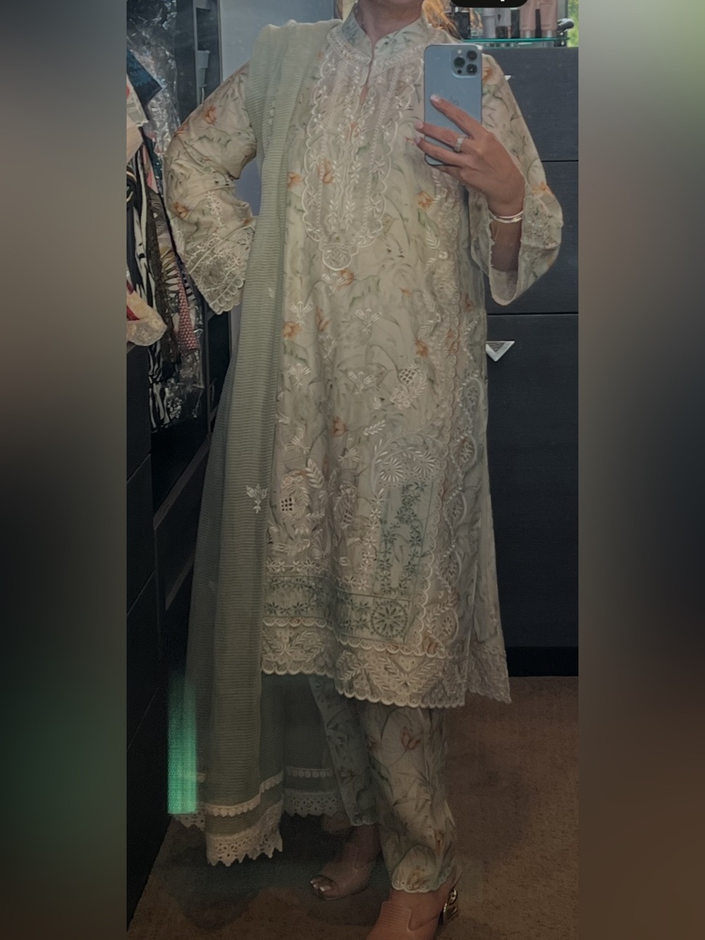 Embroidered Long-Sleeve Women’s Dress in Light Sage